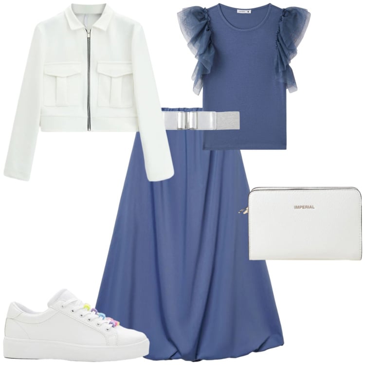 Outfit donna - Casual chic ogni giorno. Stile Casual chic per Tutti i giorni. Abbinamento con sneakers, gonne lunghe, t-shirt, cinture, cappotti, borse a tracolla.