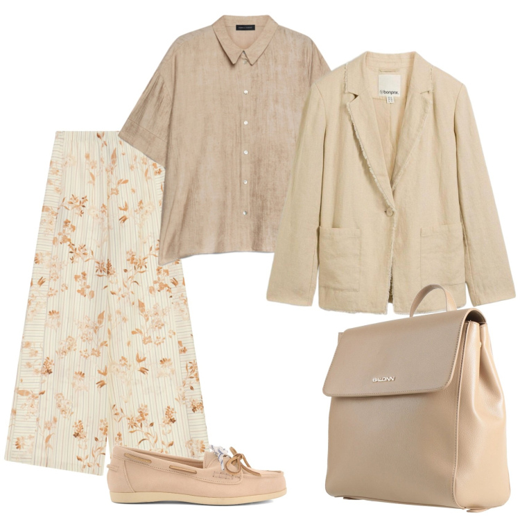 Outfit donna - Total look #2403215. Stile Casual chic per Tutti i giorni. Abbinamento con zaini, blazer, pantaloni a palazzo, camicie a manica corta, mocassini.