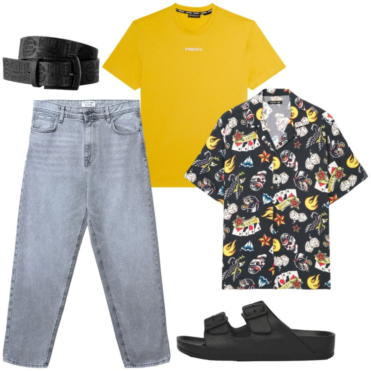 Outfit uomo - 120. Bluff. Stile Urban per Tutti i giorni. Abbinamento con cinture, jeans, camicie a manica corta, sandali, t-shirt.