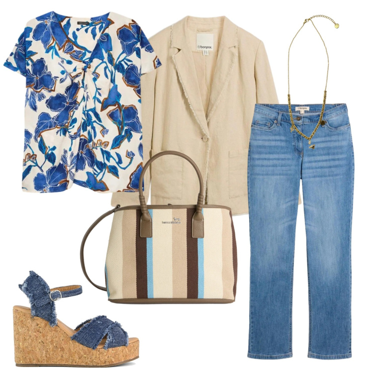 Outfit donna - Total look #2403225. Stile Casual chic per Ufficio. Abbinamento con jeans dritti, blazer, shopping bag, ciondoli, bluse, zeppe.