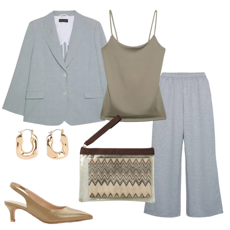 Outfit donna - Total look #2403229. Stile Chic per Cerimonia. Abbinamento con décolleté, orecchini, pantaloni, pochette, canottiere, blazer.