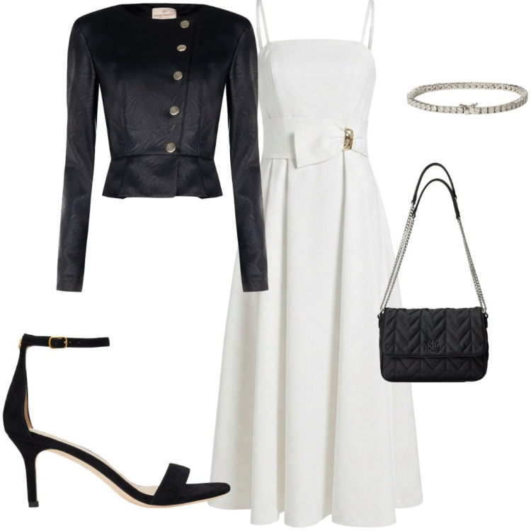 Outfit donna - L\' inviata perfetta. Stile Chic per Cerimonia. Abbinamento con giacche, vestiti asimmetrici, borse a tracolla, braccialetti, sandali in pelle.