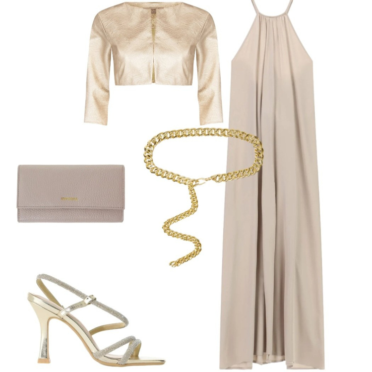 Outfit donna - Abito lungo. Stile Chic per Cerimonia. Abbinamento con bolero, vestiti lunghi, portafogli, sandali col tacco, cinture.