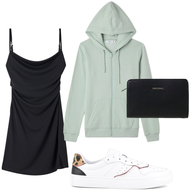 Outfit donna - Sneakers in pelle. Stile Casual per Tutti i giorni. Abbinamento con felpe con cappuccio, vestiti corti, borse a tracolla, sneakers.