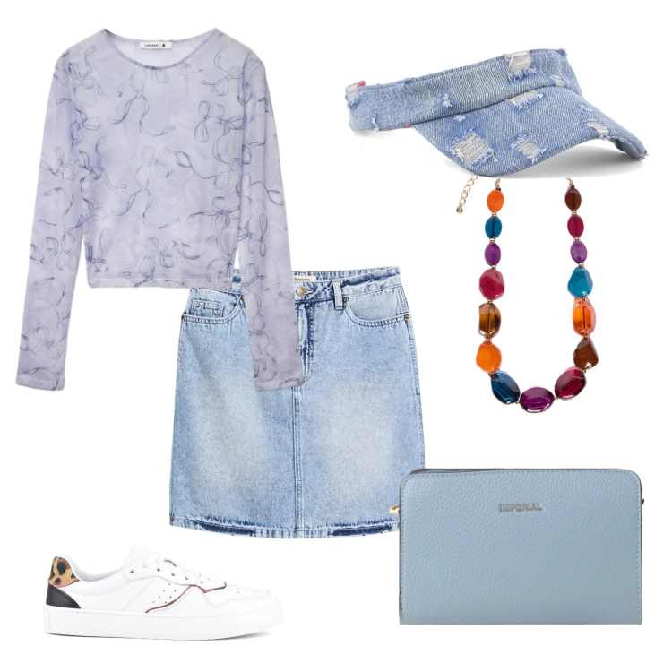 Outfit donna - Total look #2403239. Stile Casual chic per Tutti i giorni. Abbinamento con minigonne, t-shirt, borse a tracolla, collane, cappelli con visiera, sneakers.