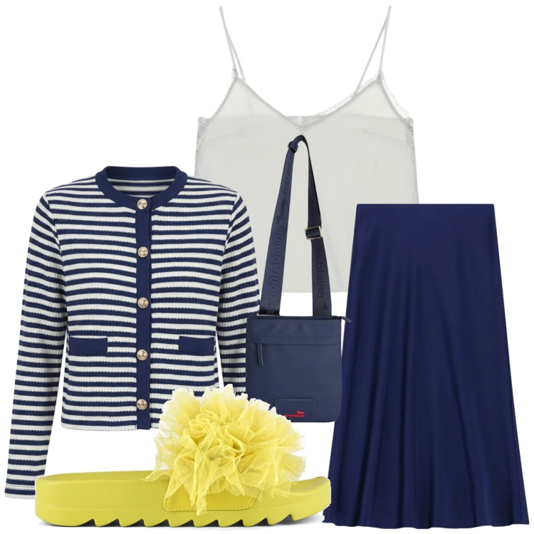 Outfit donna - Ruches. Stile Casual per Tutti i giorni. Abbinamento con borse a tracolla, canottiere, gonne longuette, cardigans, ciabatte.