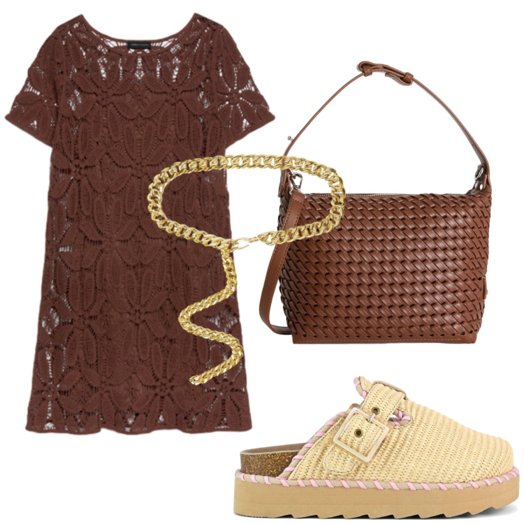 Outfit donna - Vestito corto crochet. Stile Etnico per Ufficio. Abbinamento con borse a spalla, vestiti corti, cinture, sabot.