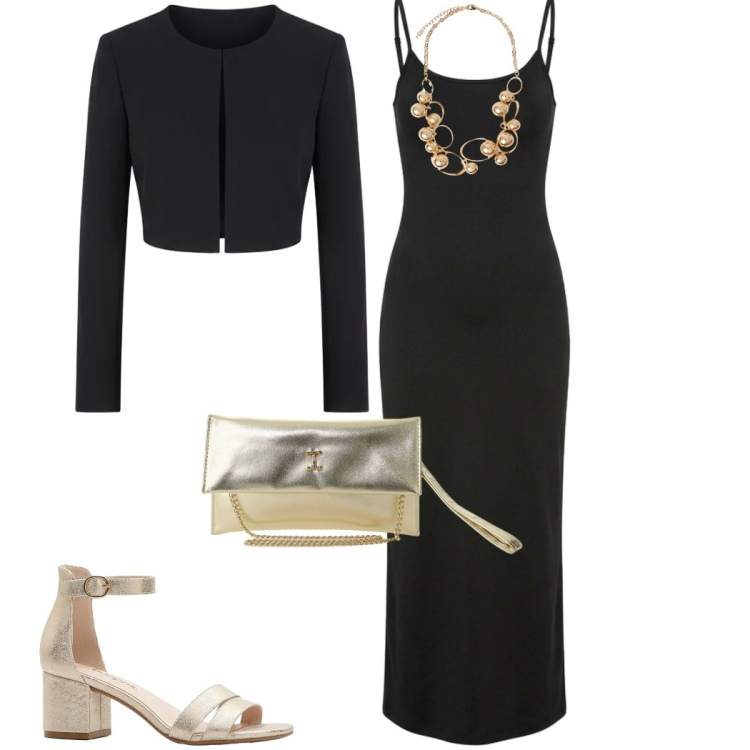 Outfit donna - Abito lungo. Stile Etnico per Cerimonia. Abbinamento con sandali col tacco, vestiti lunghi, bolero, borse a tracolla, collane.