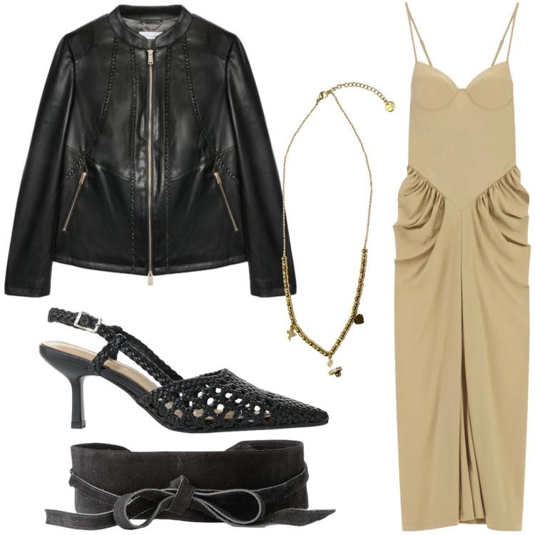 Outfit donna - Abito raffinato. Stile Chic per Serata fuori. Abbinamento con cinture, décolleté, vestiti lunghi, blazer, ciondoli.