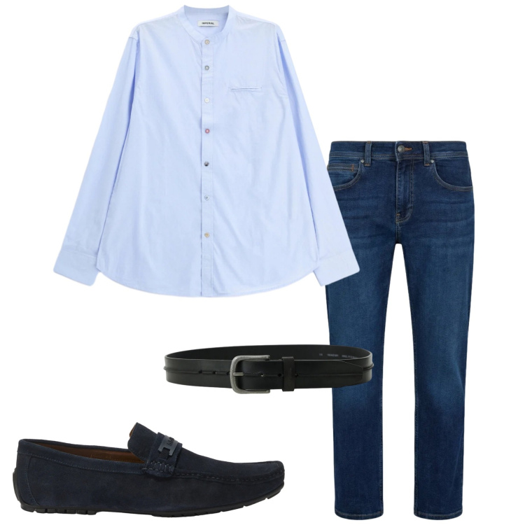 Outfit uomo - Sabato sera con gli amici. Stile Casual per Serata speciale. Abbinamento con cinture, camicie, scarpe stringate, jeans dritti.