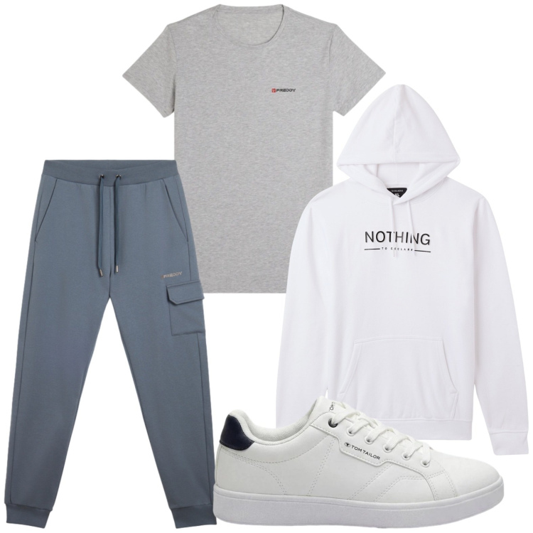 Outfit uomo - Corsa mattutina. Stile Casual per Tutti i giorni. Abbinamento con sneakers, felpe con cappuccio, pantaloni cargo, t-shirt.