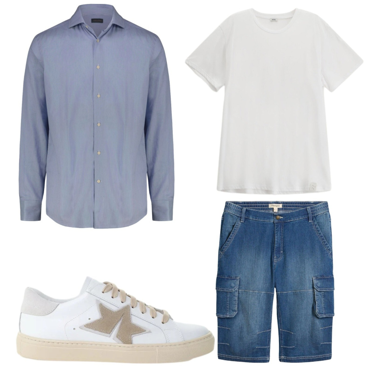 Outfit uomo - Bermuda denim. Stile Trendy per Tutti i giorni. Abbinamento con bermuda, t-shirt, sneakers, camicie.