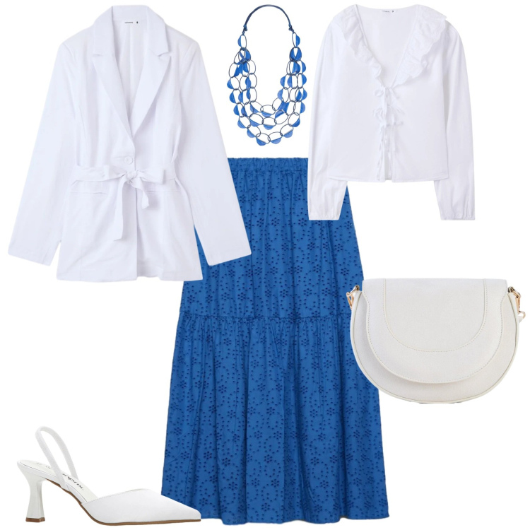 Outfit donna - Casual chic ufficio tempo libero. Stile Casual chic per Tutti i giorni. Abbinamento con décolleté, borse a tracolla, gonne lunghe, blazer, camicie, collane.