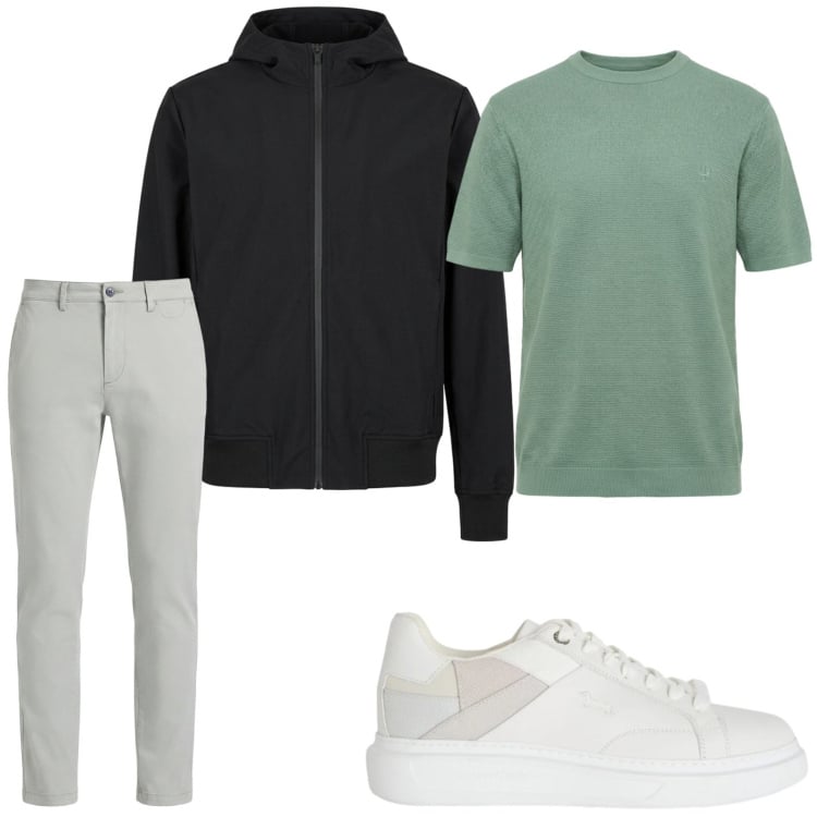 Outfit uomo - Basic premium. Stile Trendy per Tutti i giorni. Abbinamento con sneakers, pantaloni chino, t-shirt, bomber.
