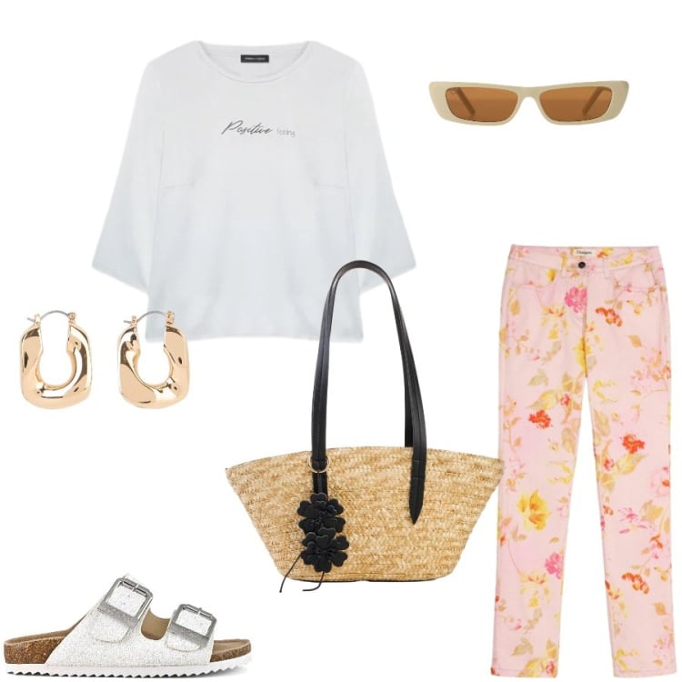 Outfit donna - Total look #2403268. Stile Casual chic per Tutti i giorni. Abbinamento con pantaloni, shopping bag, orecchini, occhiali da sole, bluse, sandali.