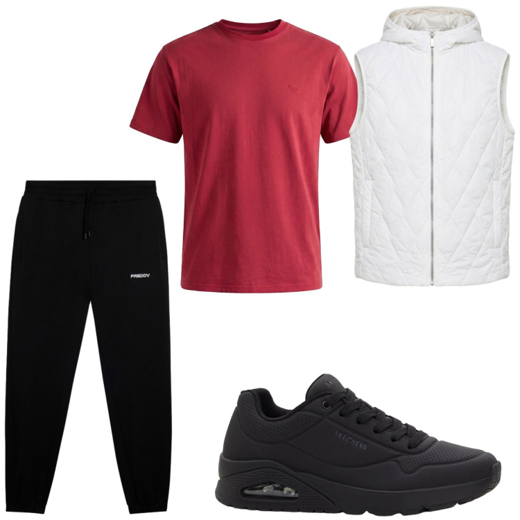 Outfit uomo - Sporty chic. Stile Urban per Tutti i giorni. Abbinamento con sneakers, t-shirt, piumini, pantaloni sportivi.