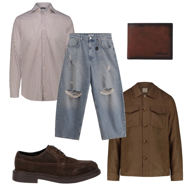 Outfit uomo - Urban minimal. Stile Urban per Tutti i giorni. Abbinamento con jeans strappati, portafogli, scarpe stringate, cappotti, camicie.