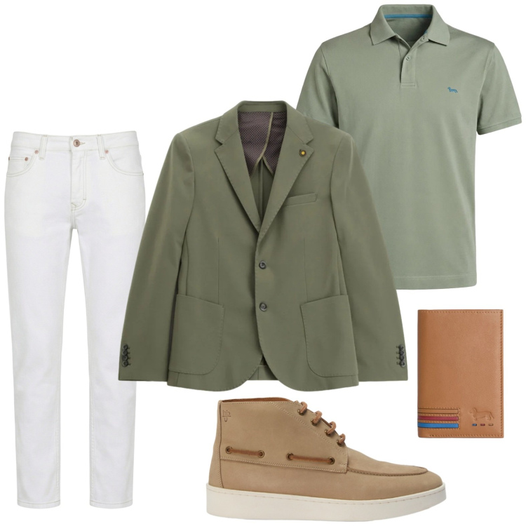 Outfit uomo - Dandy style. Stile Casual per Ufficio. Abbinamento con jeans, portafogli, polo, stivali e stivaletti, giacche.