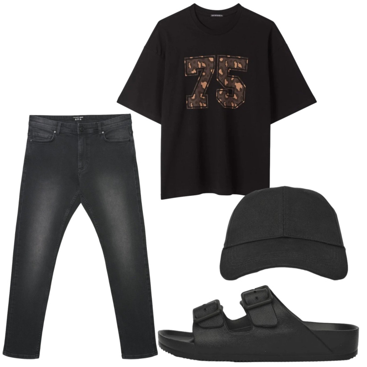 Outfit uomo - Relax pomeridiano. Stile Casual per Tutti i giorni. Abbinamento con jeans skinny, t-shirt, cappelli con visiera, sandali.