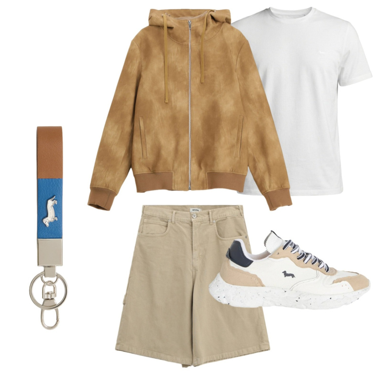 Outfit uomo - Bomber scamosciato. Stile Casual per Tutti i giorni. Abbinamento con bomber, bermuda, portachiavi, t-shirt, sneakers.