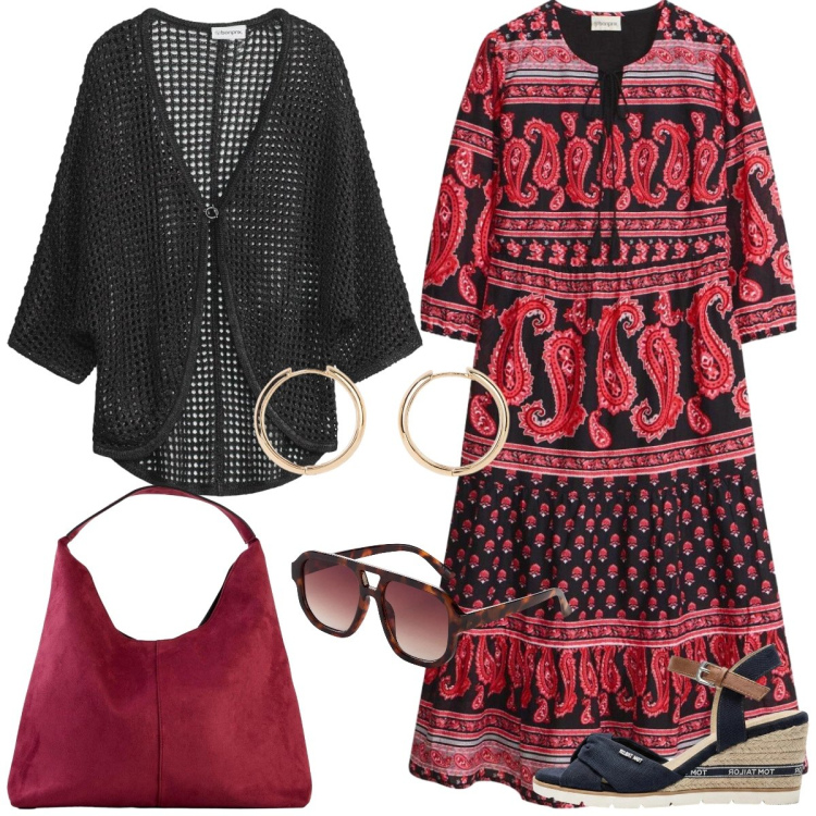 Outfit donna - Fantasie orientali. Stile Boho per Tutti i giorni. Abbinamento con vestiti midi/longuette, borse a spalla, occhiali da sole, orecchini, cardigans, sandali col tacco.