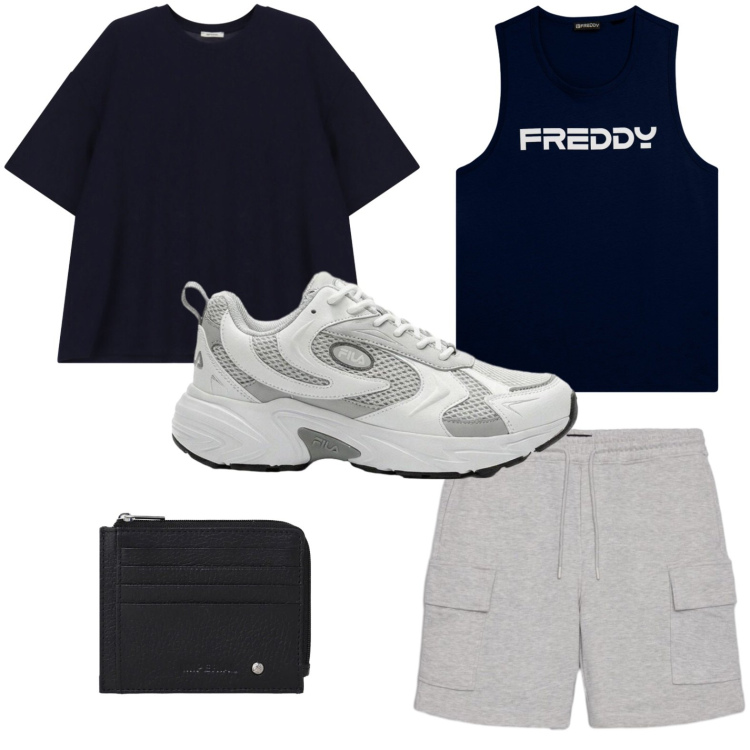 Outfit uomo - Street sporty. Stile Casual per Tutti i giorni. Abbinamento con sneakers, bermuda, portafogli, t-shirt, canottiere.