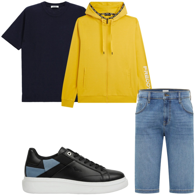 Outfit uomo - Relax raffinato. Stile Casual per Tutti i giorni. Abbinamento con bermuda, t-shirt, sneakers, felpe con cappuccio.