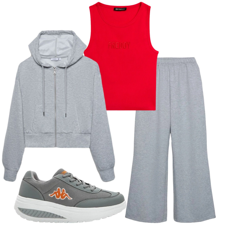 Outfit donna - Total look #2403285. Stile Sporty chic per Sport. Abbinamento con sneakers, felpe con cappuccio, pantaloni, top.