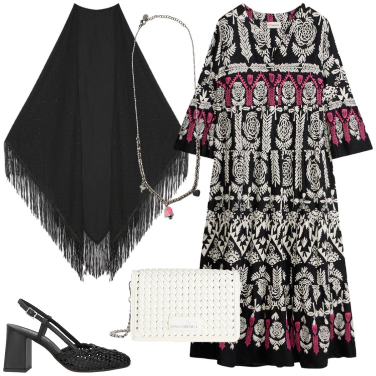 Outfit donna - Boho chic. Stile Boho per Serata fuori. Abbinamento con décolleté, vestiti lunghi, borse a tracolla, ciondoli, foulard.