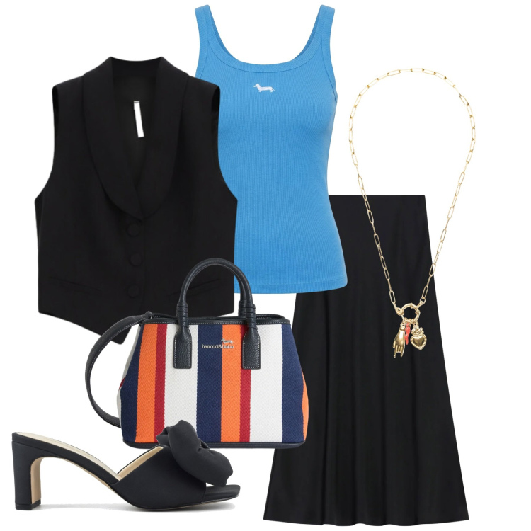 Outfit donna - Total look #2403290. Stile Glamour per Serata fuori. Abbinamento con shopping bag, canottiere, gonne lunghe, gilet, ciondoli, sandali col tacco.