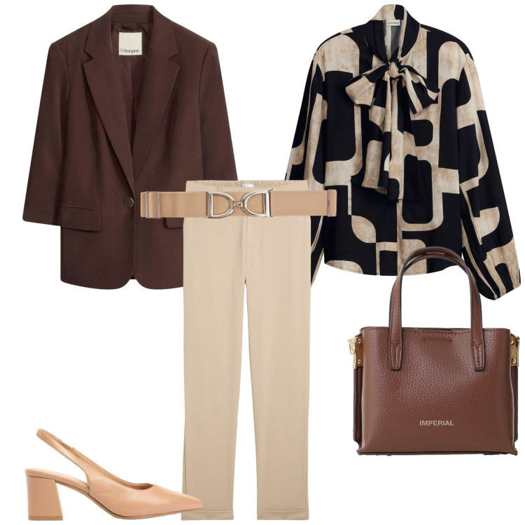 Outfit donna - Un outfit da ufficio in primavera. Stile Casual chic per Ufficio. Abbinamento con pantaloni chino, camicie, blazer, décolleté, cinture, borse a tracolla.