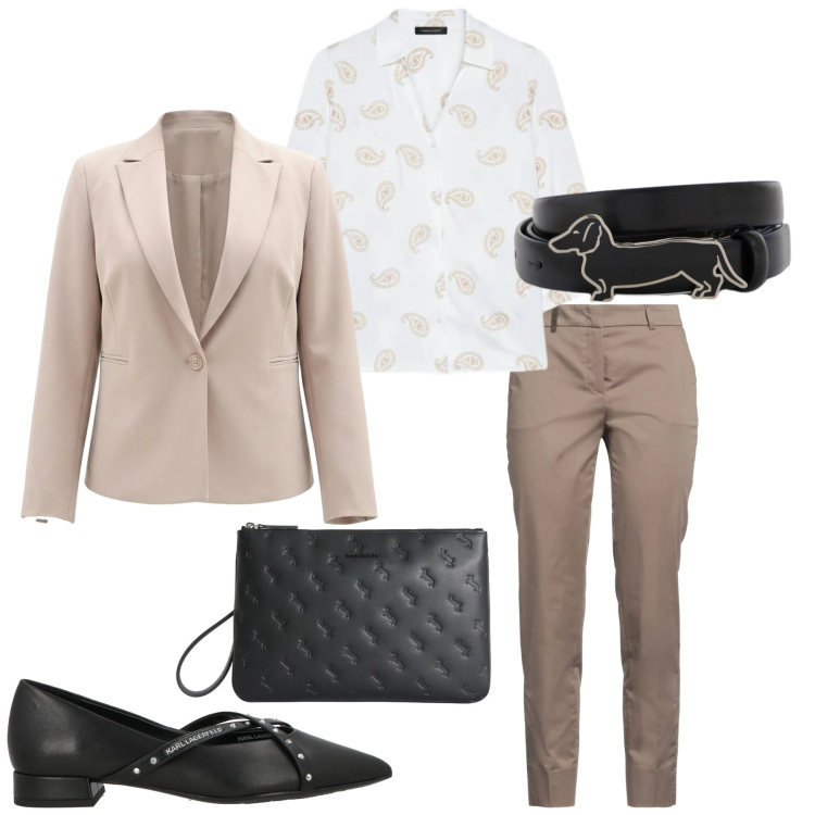 Outfit donna - Total look #2403294. Stile Trendy per Ufficio. Abbinamento con pantaloni, ballerine, anelli, cinture, blazer, camicie.