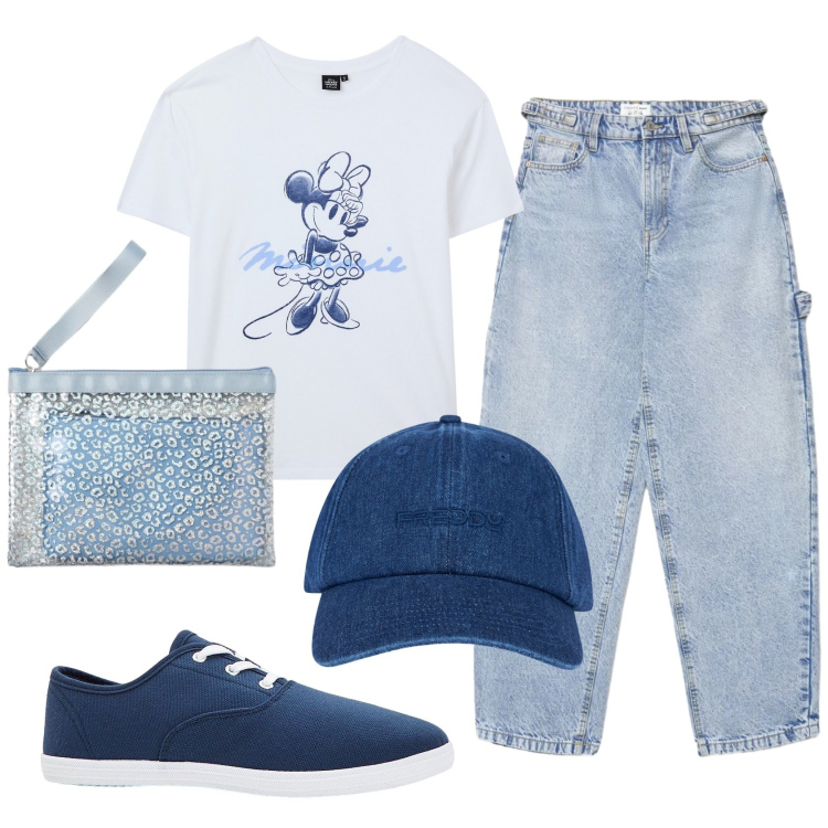 Outfit donna - Total look #2403295. Stile Casual per Scuola/Università. Abbinamento con sneakers, t-shirt, jeans, pochette, cappelli con visiera.