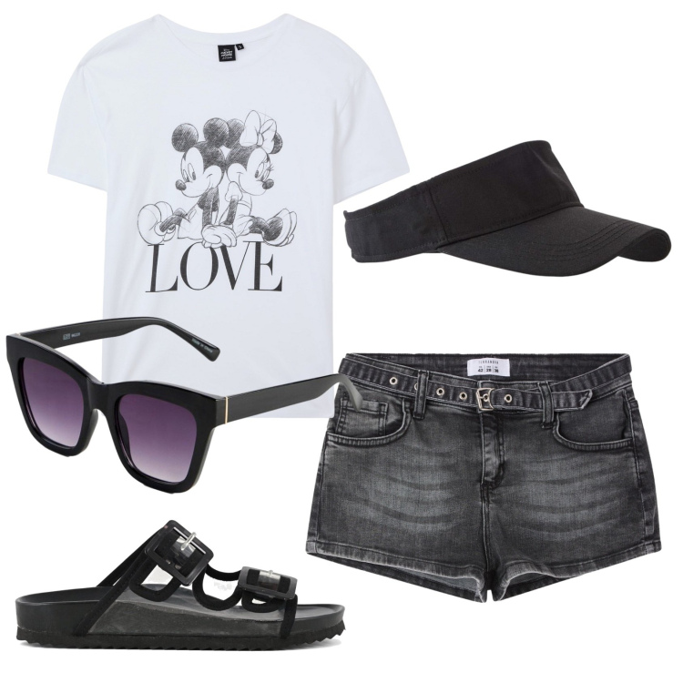 Outfit donna - Total look #2403296. Stile Casual per Mare. Abbinamento con cappelli con visiera, occhiali da sole, t-shirt, shorts, sandali.