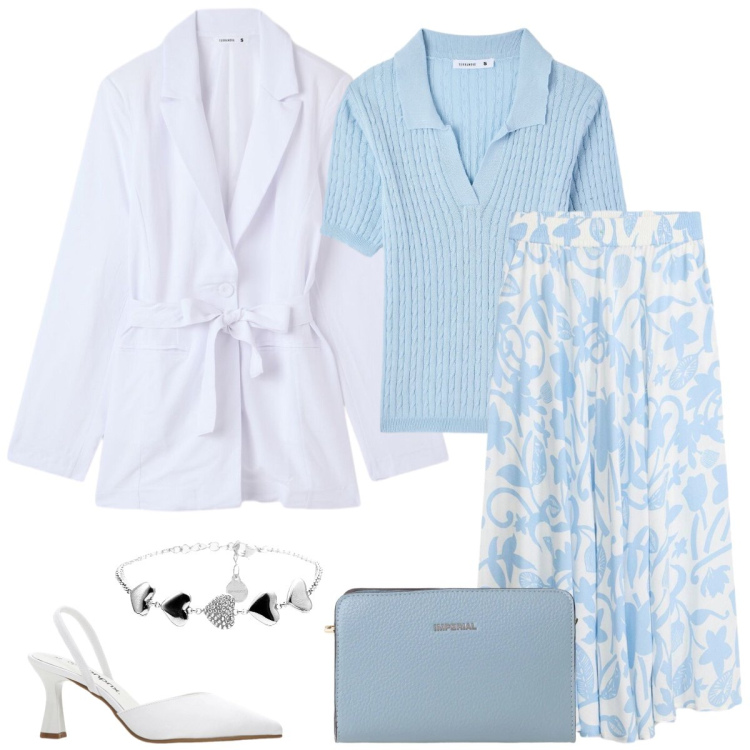 Outfit donna - Pomeriggio primaverile. Stile Romantica per Tutti i giorni. Abbinamento con décolleté, gonne lunghe, polo, blazer, borse a tracolla, braccialetti.
