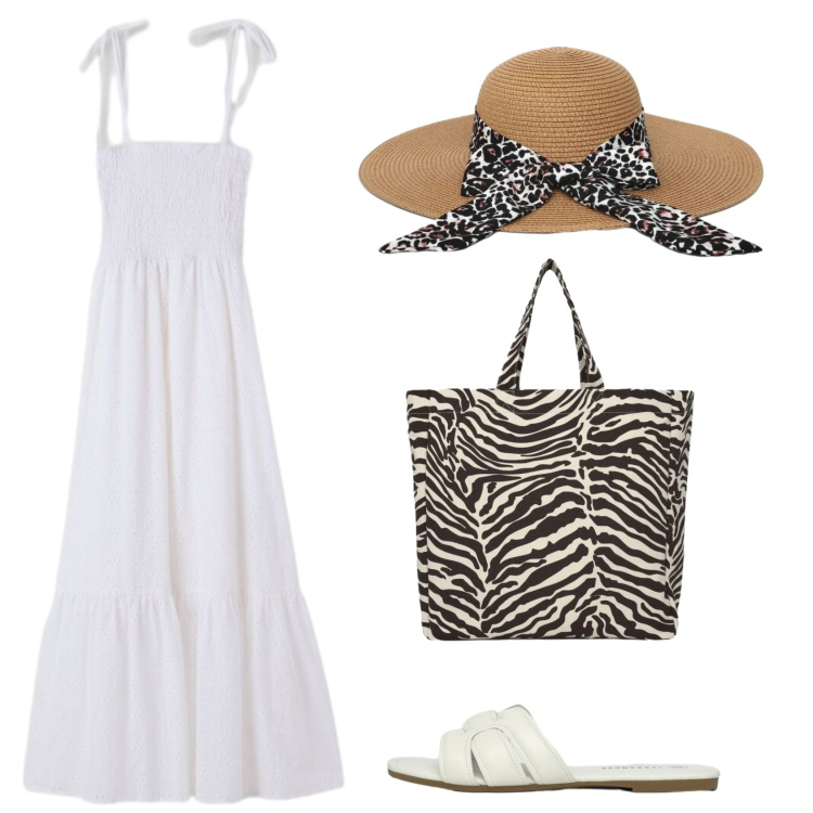 Outfit donna - Spirito boho. Stile Romantica per Mare. Abbinamento con cappelli, ciabatte, vestiti lunghi, shopping bag.
