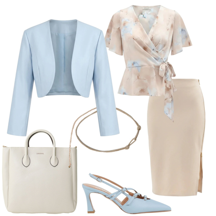 Outfit donna - Total look #2403300. Stile Chic per Cerimonia. Abbinamento con décolleté, bluse, bolero, gonne longuette, borse a tracolla, cinture.