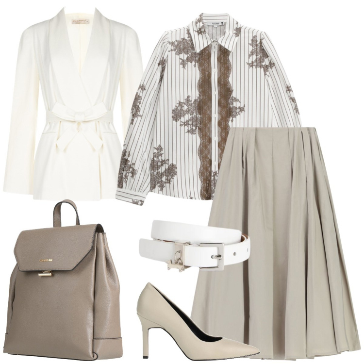 Outfit donna - Ufficio. Stile Chic per Ufficio. Abbinamento con décolleté, zaini, blazer, gonne lunghe, cinture, camicie.