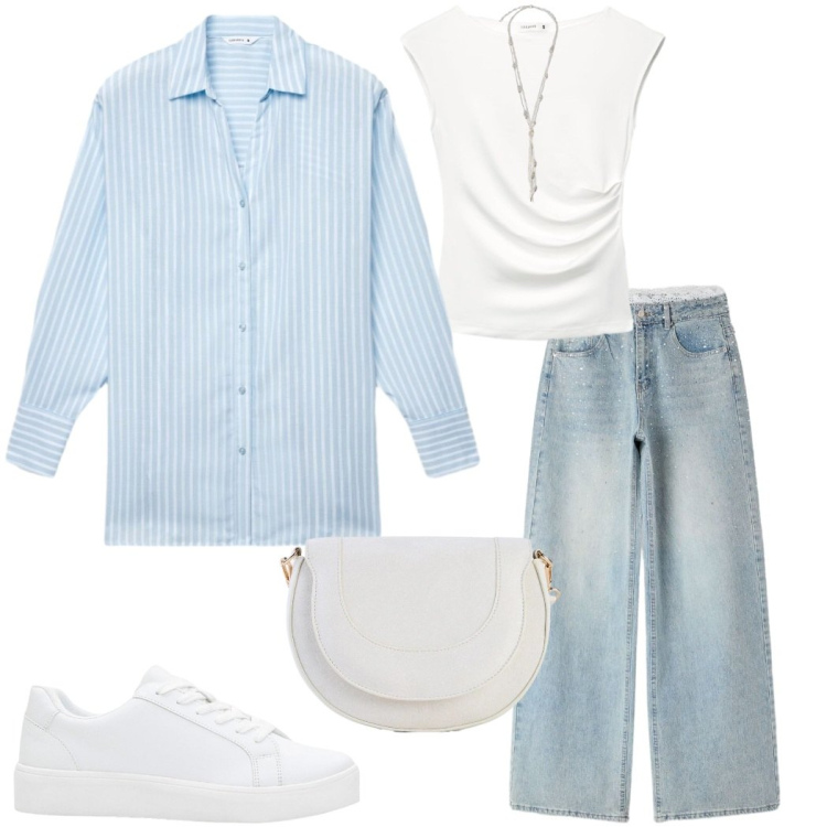 Outfit donna - A maggio mi vesto così. Stile Casual chic per Tutti i giorni. Abbinamento con sneakers, borse a tracolla, camicie, top, jeans, collane.
