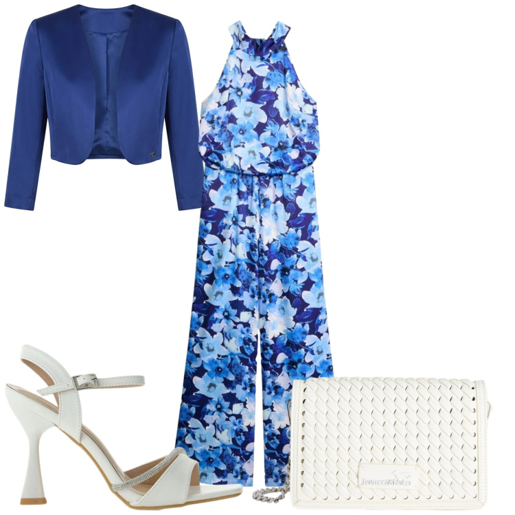 Outfit donna - Cerimonia in fiori. Stile Glamour per Cerimonia. Abbinamento con tute, bolero, sandali gioiello, borse a tracolla.