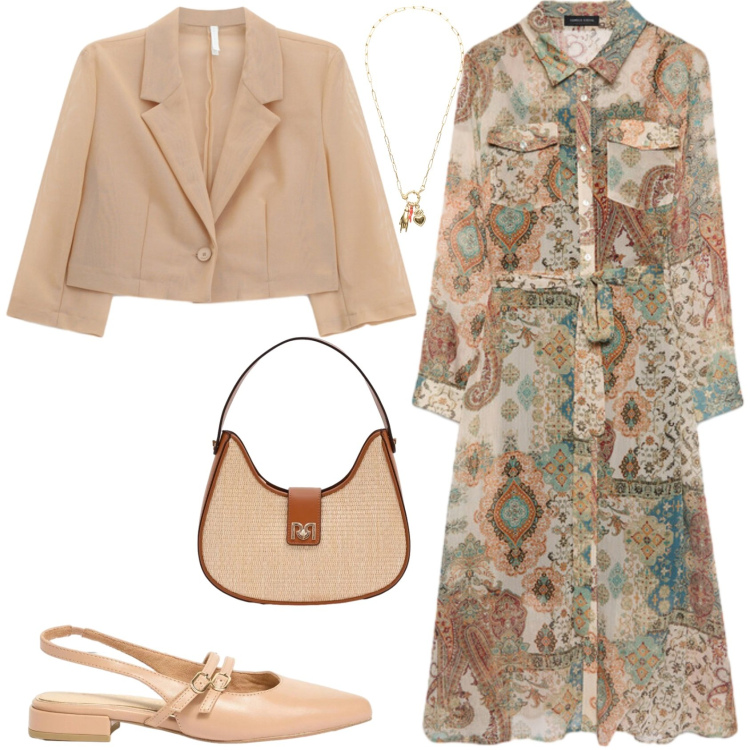 Outfit donna - Casual chic ufficio tempo libero. Stile Casual chic per Tutti i giorni. Abbinamento con ballerine, blazer, borse a spalla, vestiti chemisier, ciondoli.