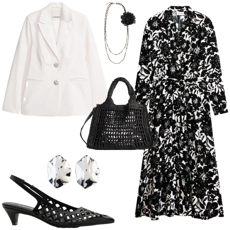 Outfit donna - Chic serata evento. Stile Chic per Serata fuori. Abbinamento con borse a tracolla, vestiti chemisier, décolleté, blazer, orecchini, collane.