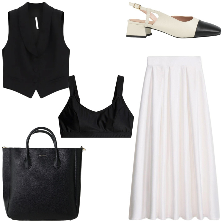 Outfit donna - Come aspetto l\' estate. Stile Chic per Tutti i giorni. Abbinamento con décolleté, gonne lunghe, reggiseni, gilet, borse a tracolla.