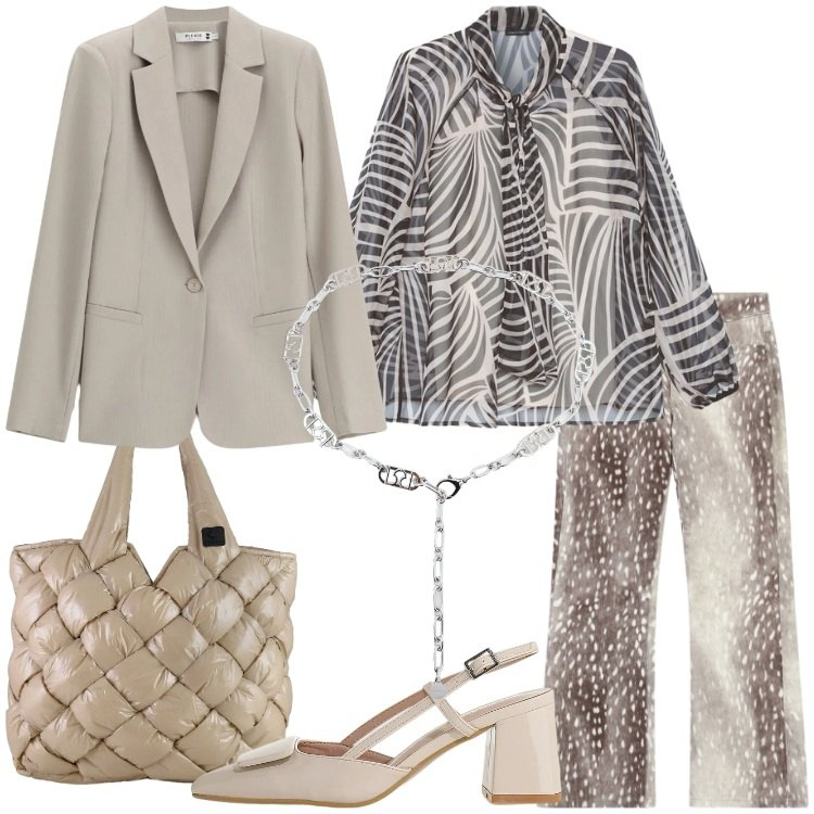 Outfit donna - Stampe che raccontano. Stile Trendy per Serata fuori. Abbinamento con pantaloni, blazer, décolleté, cinture, bluse, borse tote.