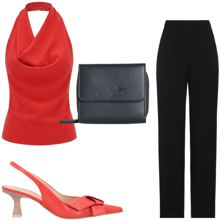 Outfit donna - Osa il rosso. Stile Chic per Tutti i giorni. Abbinamento con pantaloni, décolleté, canottiere, portafogli.