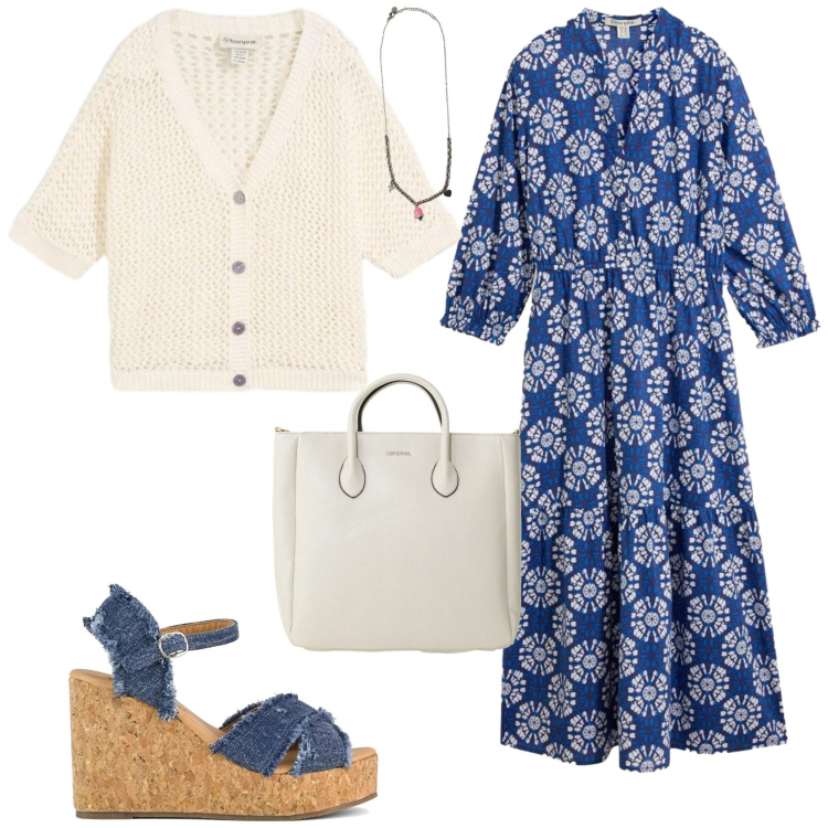 Outfit donna - Casual chic ogni giorno. Stile Casual chic per Tutti i giorni. Abbinamento con vestiti lunghi, cardigans, borse a tracolla, ciondoli, zeppe.