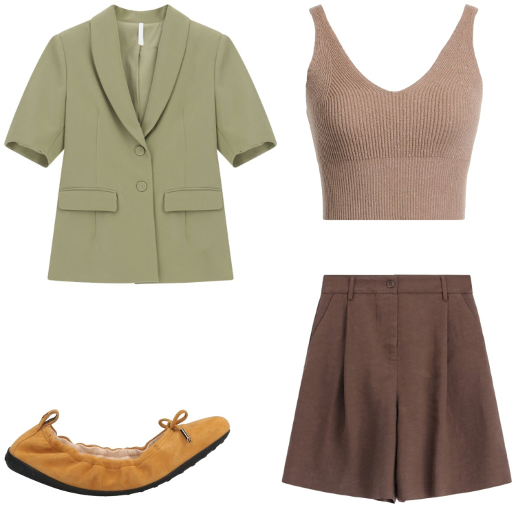 Outfit donna - Nuove tendenze color block. Stile Glamour per Tutti i giorni. Abbinamento con top, ballerine, bermuda, blazer.