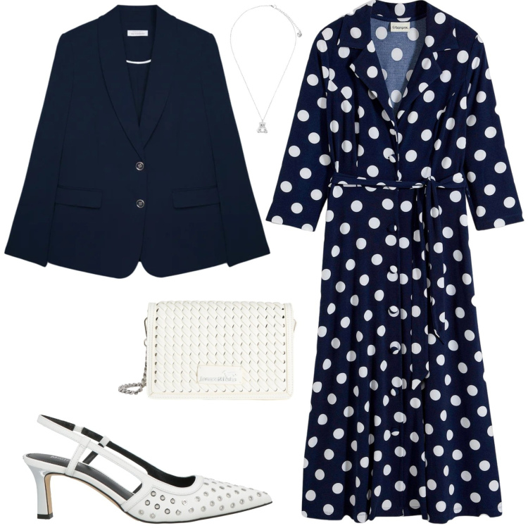 Outfit donna - Chic cerimonia evento serata. Stile Chic per Serata fuori. Abbinamento con décolleté, vestiti chemisier, borse a tracolla, blazer, ciondoli.