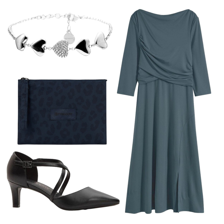 Outfit donna - Total look #2403336. Stile Chic per Serata fuori. Abbinamento con vestiti midi/longuette, décolleté, clutch, braccialetti.