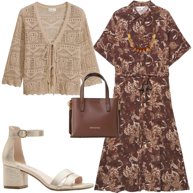 Outfit donna - Casual chic ufficio tempo libero. Stile Casual chic per Tutti i giorni. Abbinamento con cardigans, sandali col tacco, vestiti chemisier, borse a tracolla, collane.